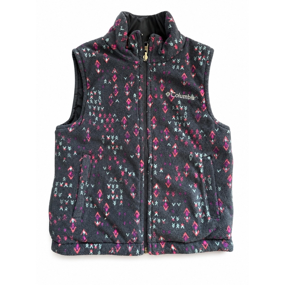 Columbia Girls XS 6/7 Fleece Vest Full Zip Aztec Geometric Print navy Pink
